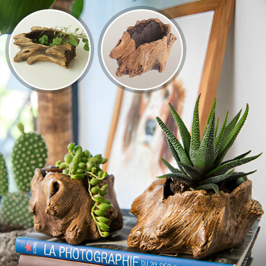 Pot de fleur interieur aspect rustique imitant les formes organiques et irrégulières du tronc